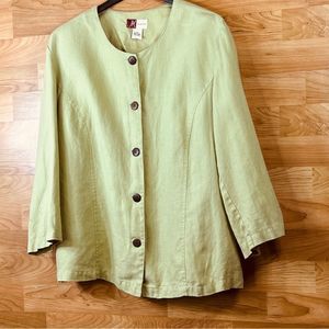 JM Collection Size 16 Linen Button Up Top w/3/4 Sleeves in Dull Lime Green Y2K